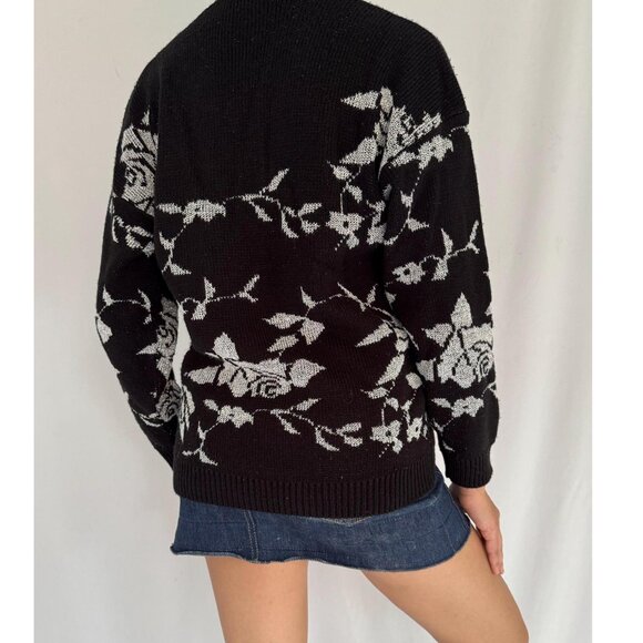80s vintage black metallic floral print long sleeved knit sweater made in USA - Picture 7 of 9